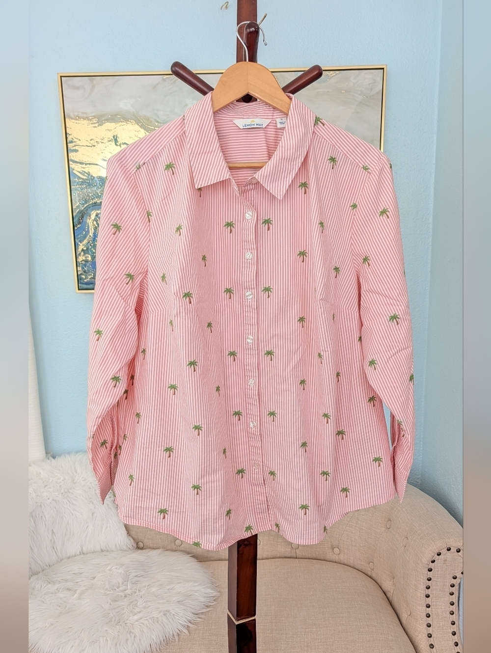 Lemon Pink & White Striped Button-Up Woman's Sz 1X